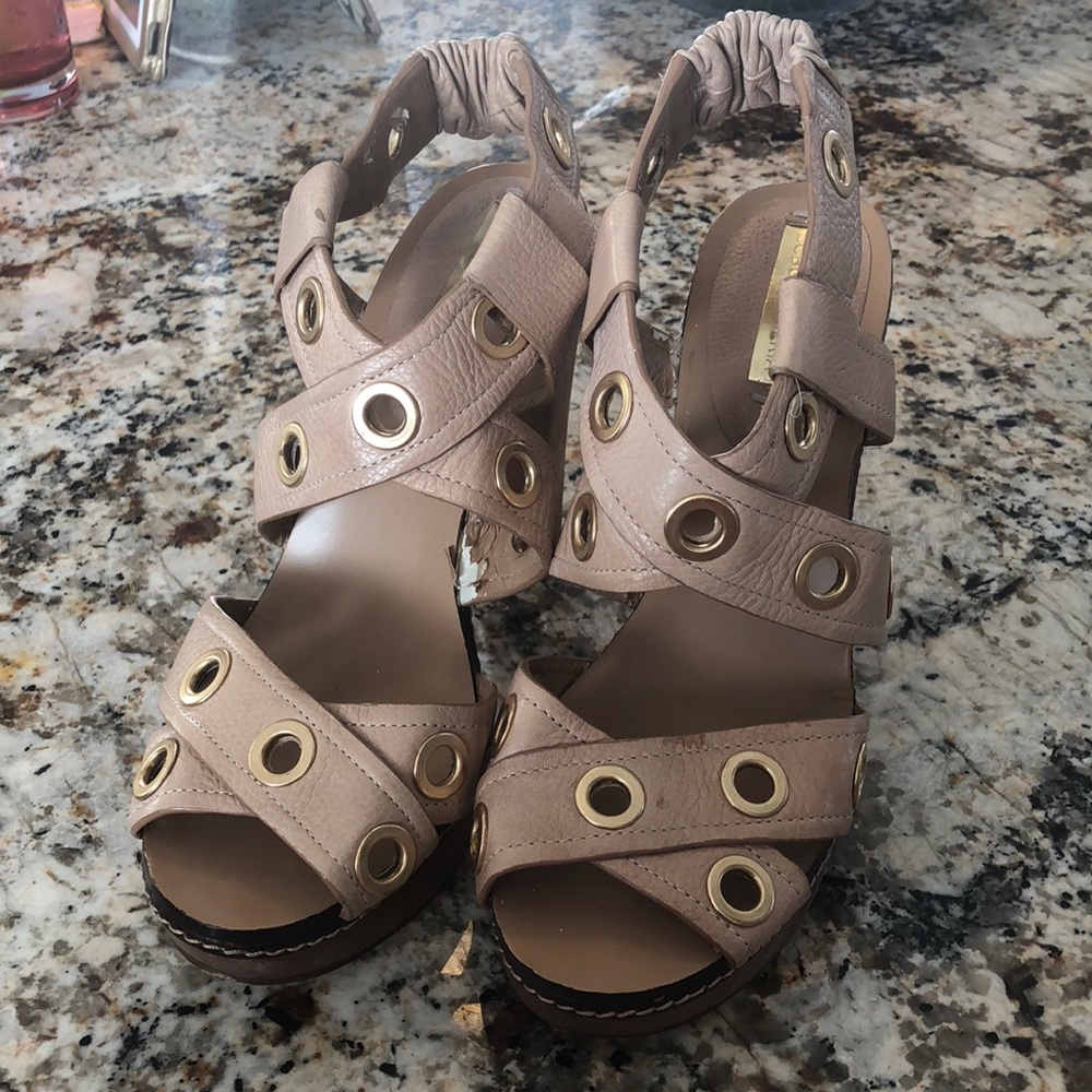 BCBG Max Azria Beige Chunky Heel with Gold Details